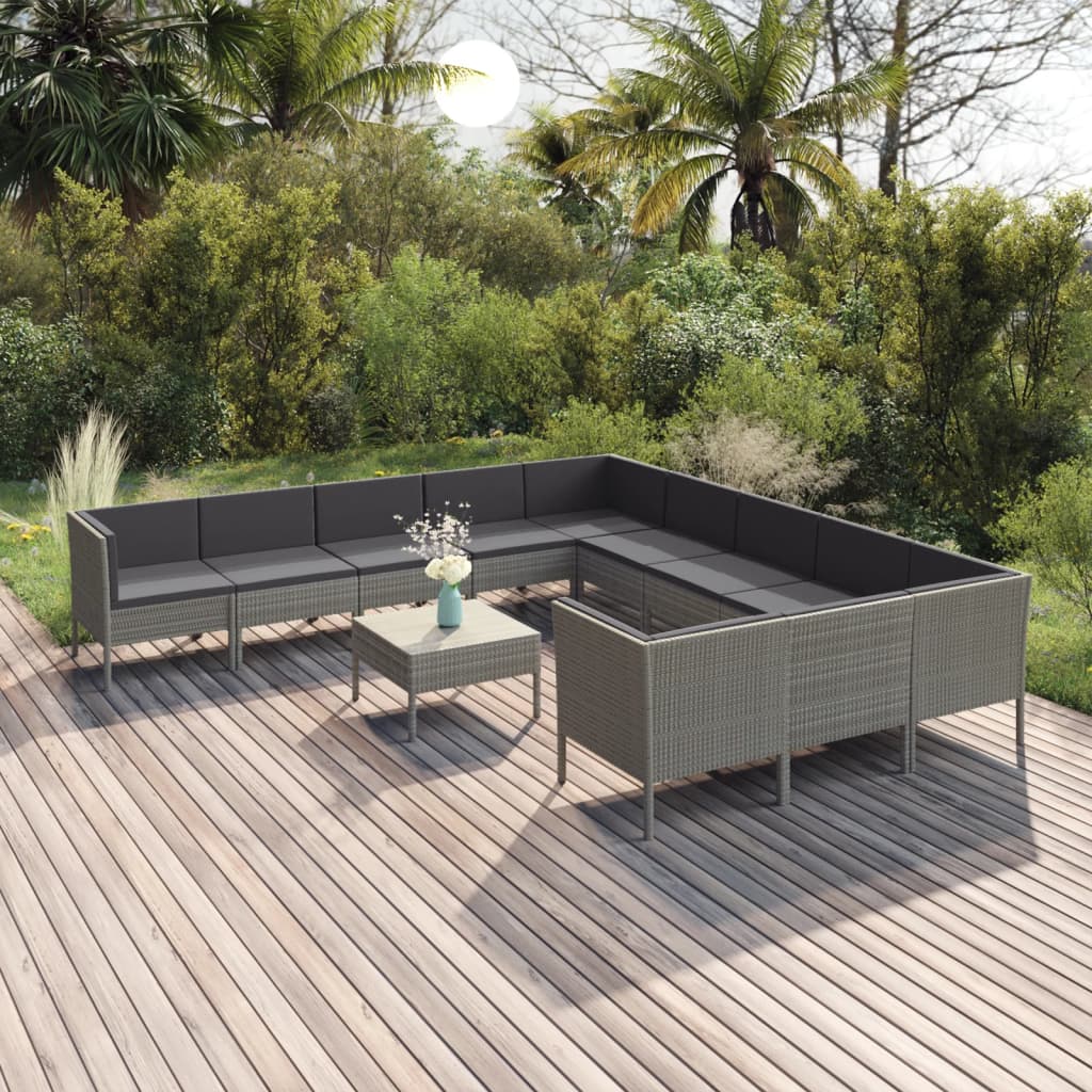 vidaXL 12-tlg. Garten-Lounge-Set mit Auflagen Poly Rattan Grau