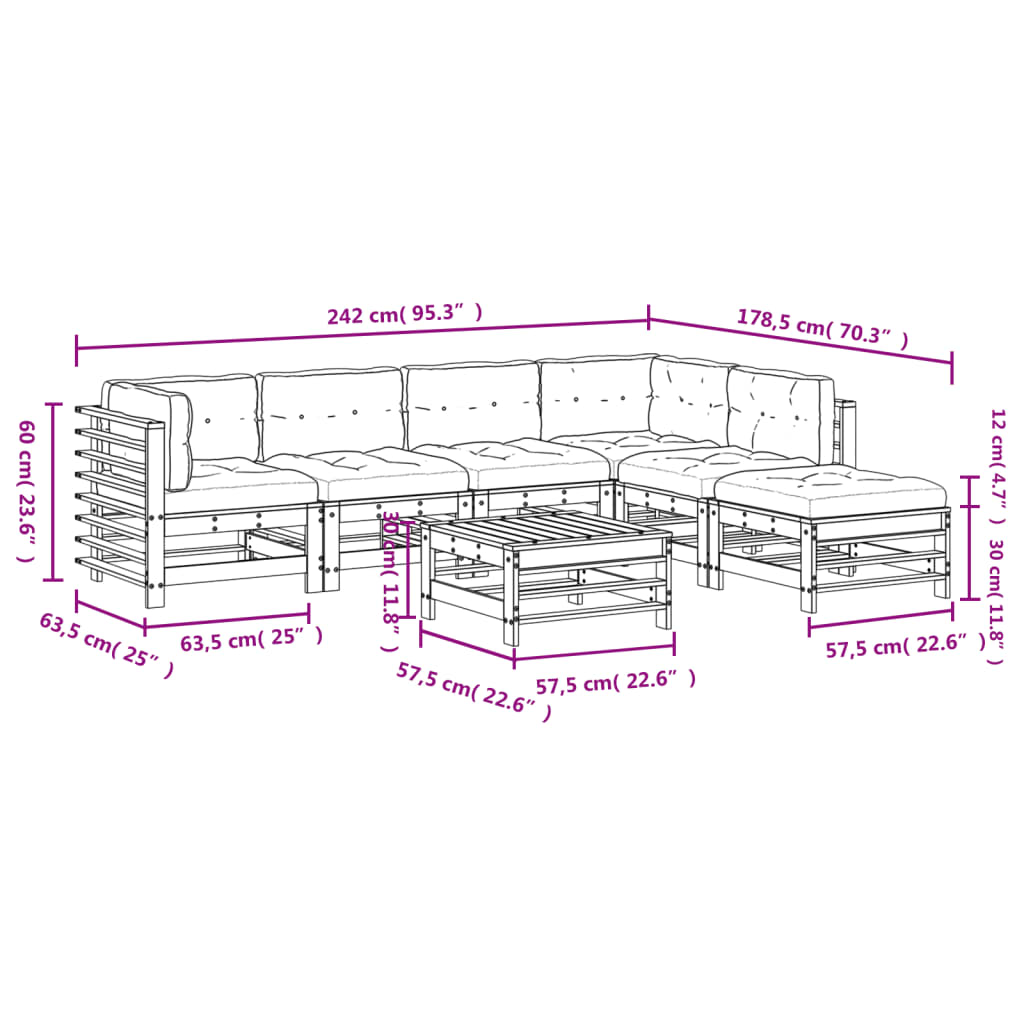 vidaXL 7-tlg. Garten-Lounge-Set mit Kissen Grau Massivholz