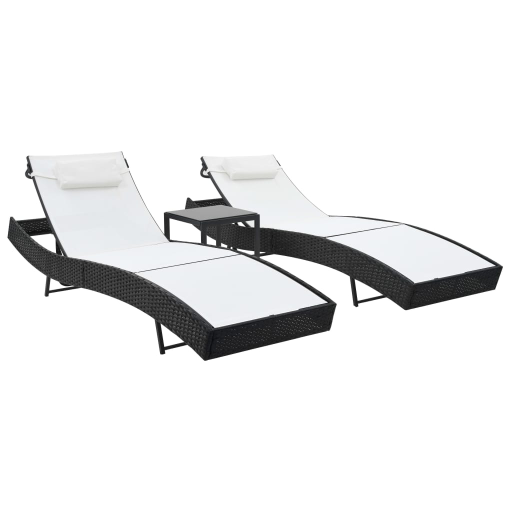 vidaXL Sonnenliegen 2 Stk. mit Tisch Poly Rattan und Textilene Schwarz