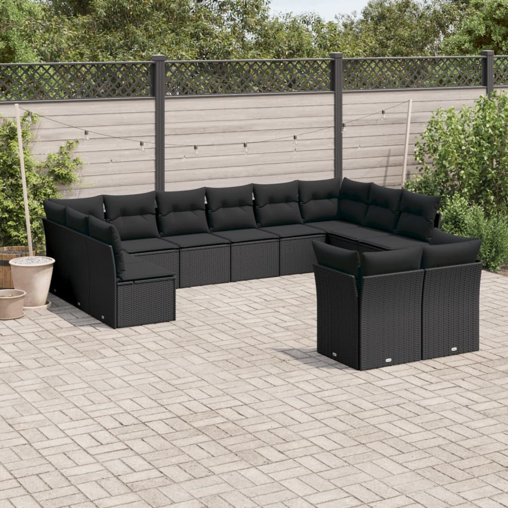 vidaXL 12-tlg. Garten-Sofagarnitur mit Kissen Schwarz Poly Rattan