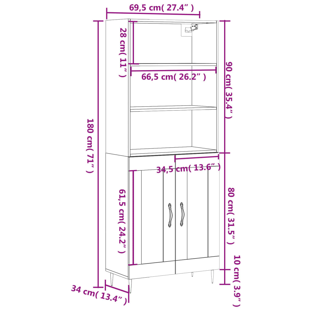 vidaXL Highboard Braun Eichen-Optik 69,5x34x180 cm Holzwerkstoff