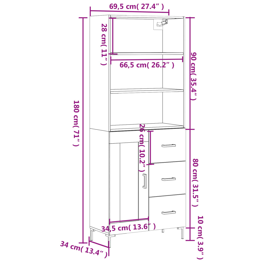 vidaXL Highboard Weiß 69,5x34x180 cm Holzwerkstoff