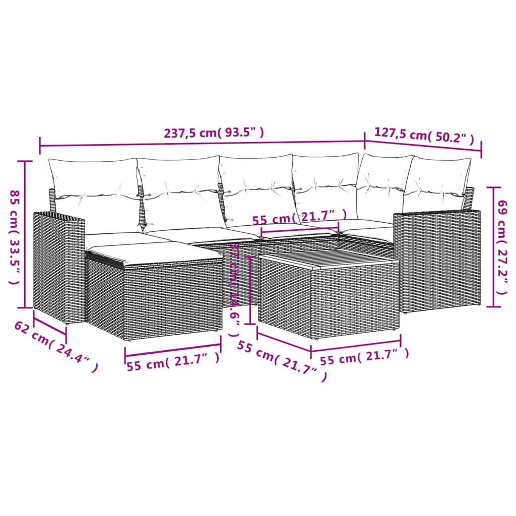 vidaXL 7-tlg. Garten-Sofagarnitur mit Kissen Grau Poly Rattan