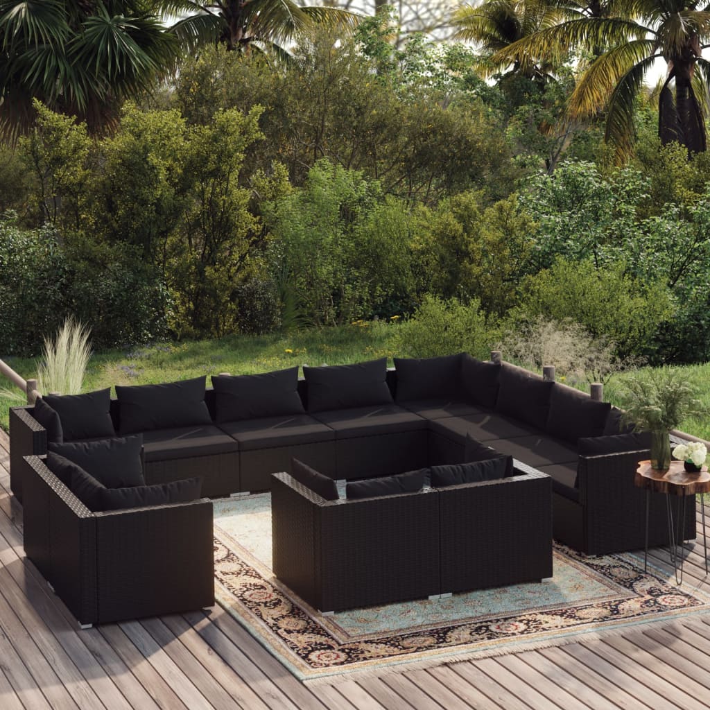 vidaXL 12-tlg. Garten-Lounge-Set mit Kissen Schwarz Poly Rattan