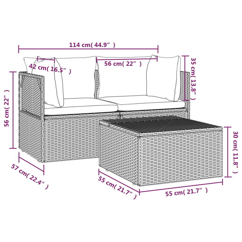 vidaXL 3-tlg. Garten-Lounge-Set mit Kissen Grau Poly Rattan