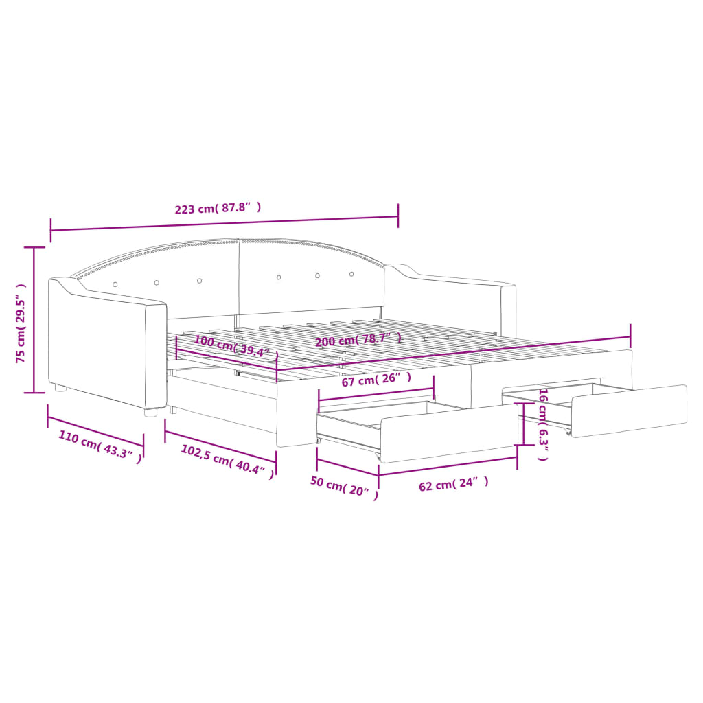 vidaXL Tagesbett Ausziehbar mit Schubladen Creme 100x200 cm Stoff