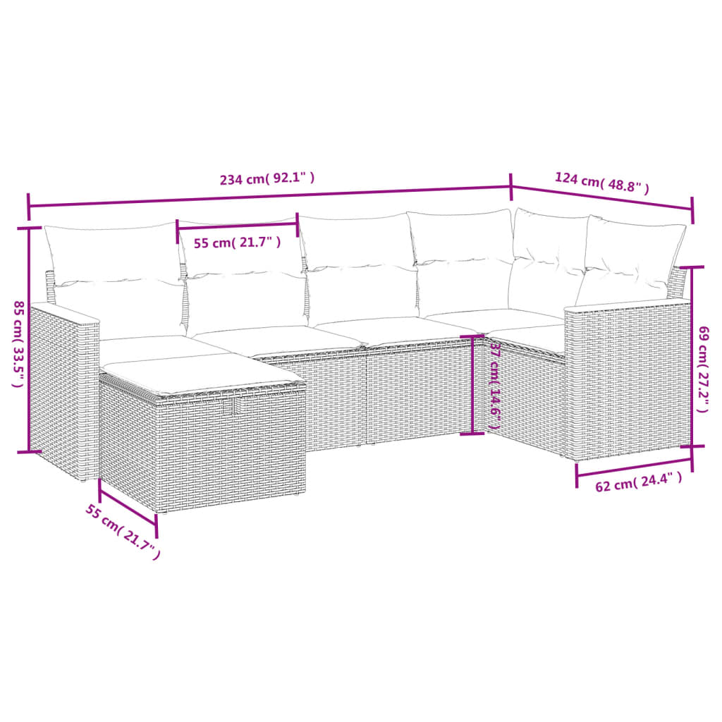 vidaXL 6-tlg. Garten-Sofagarnitur mit Kissen Beige Poly Rattan