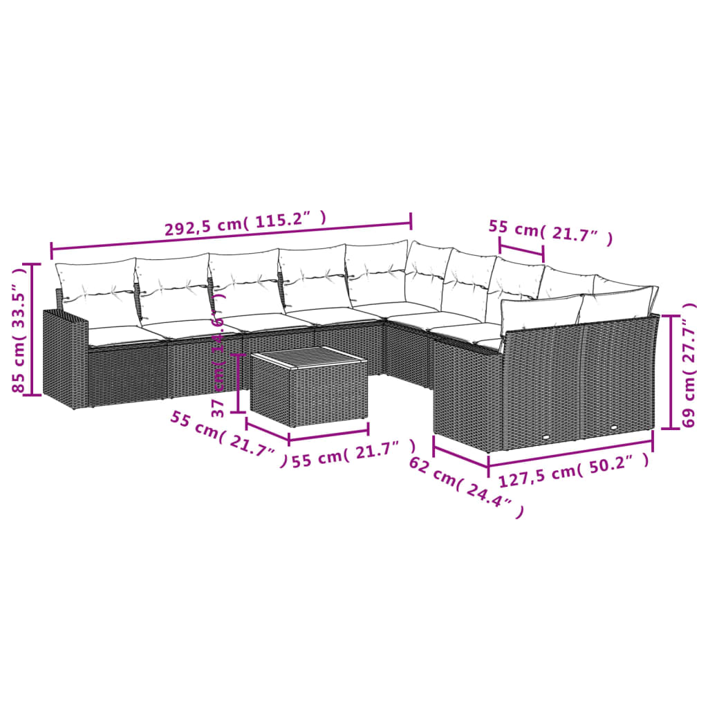 vidaXL 11-tlg. Garten-Sofagarnitur mit Kissen Beige Poly Rattan