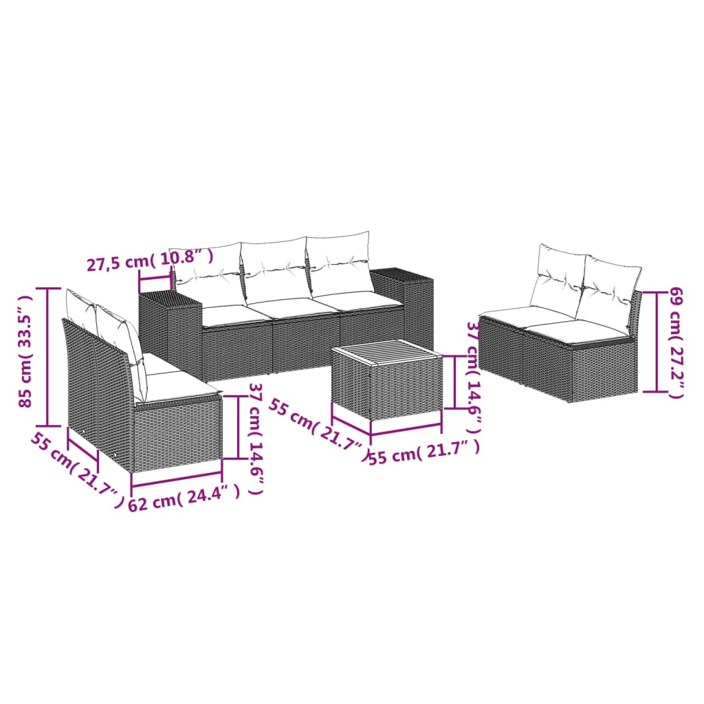 vidaXL 8-tlg. Garten-Sofagarnitur mit Kissen Grau Poly Rattan