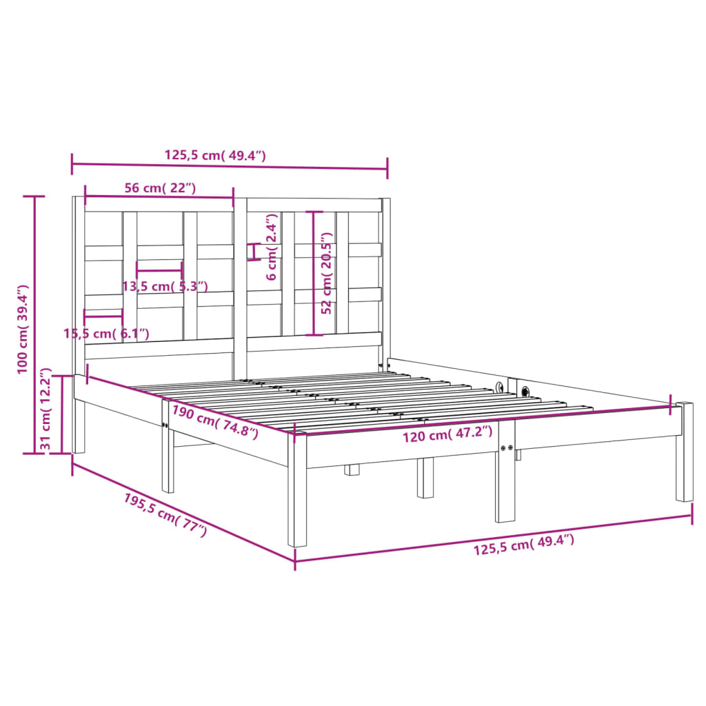 vidaXL Massivholzbett 120x190 cm