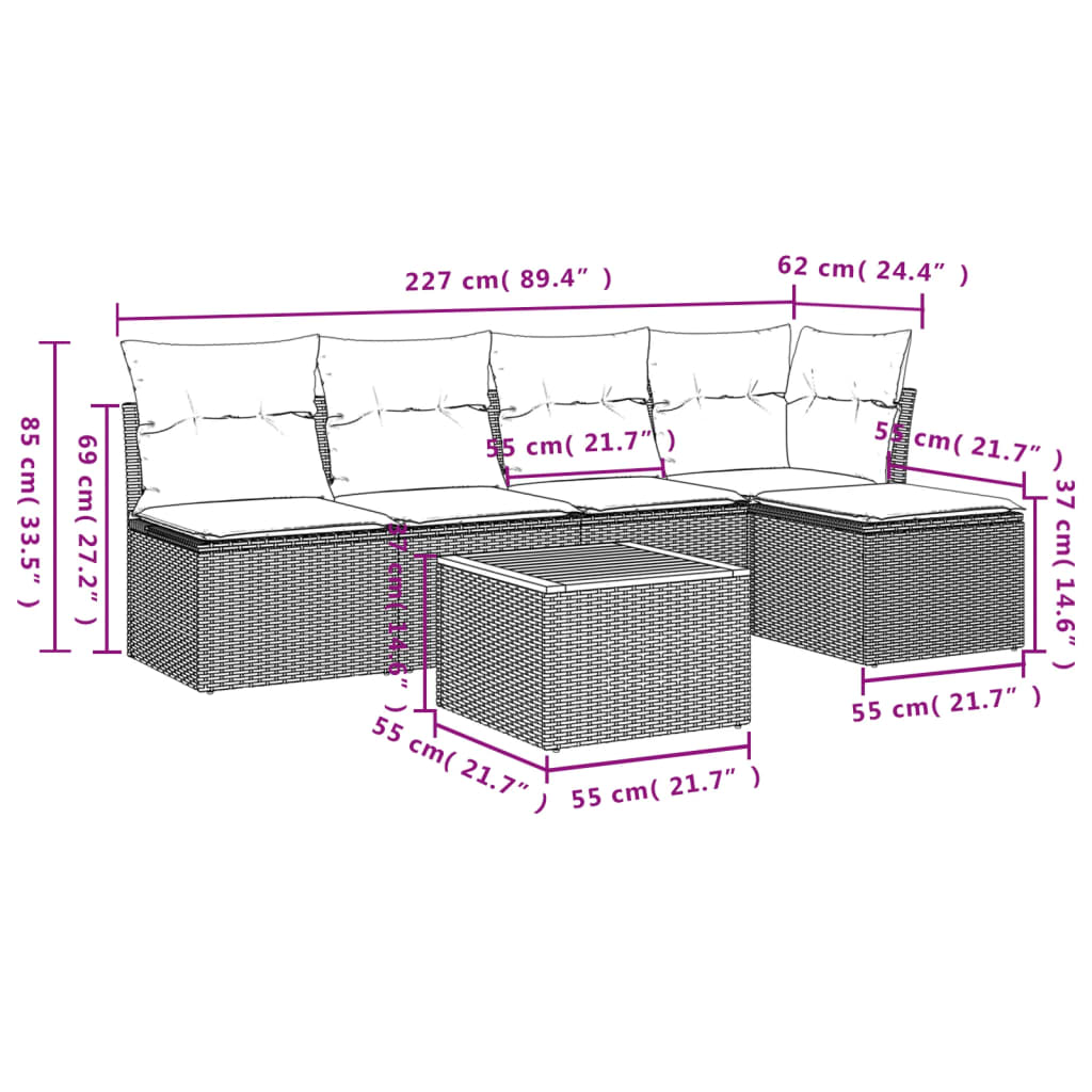 vidaXL 6-tlg. Garten-Sofagarnitur mit Kissen Beige Poly Rattan