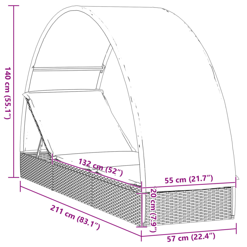 vidaXL Sonnenliege mit Runddach Schwarz 211x57x140 cm Poly Rattan