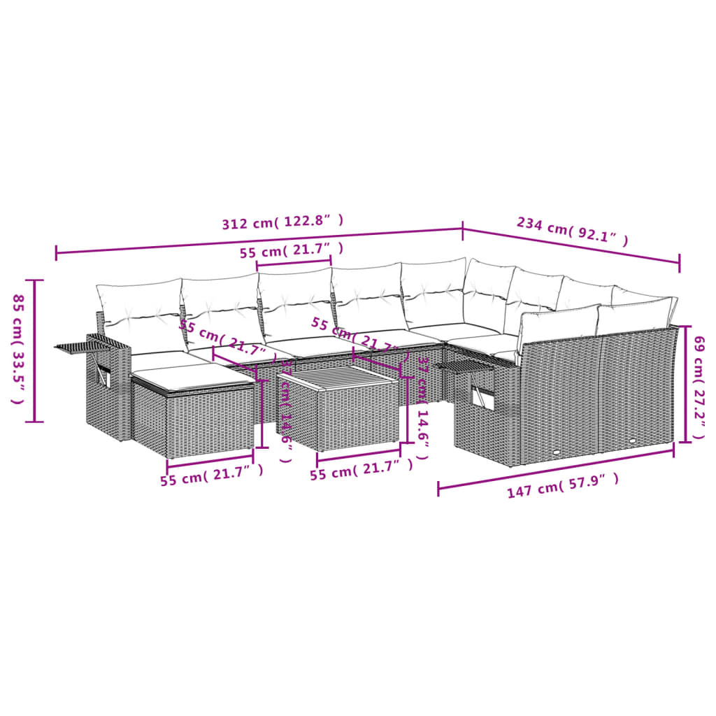 vidaXL 11-tlg. Garten-Sofagarnitur mit Kissen Schwarz Poly Rattan