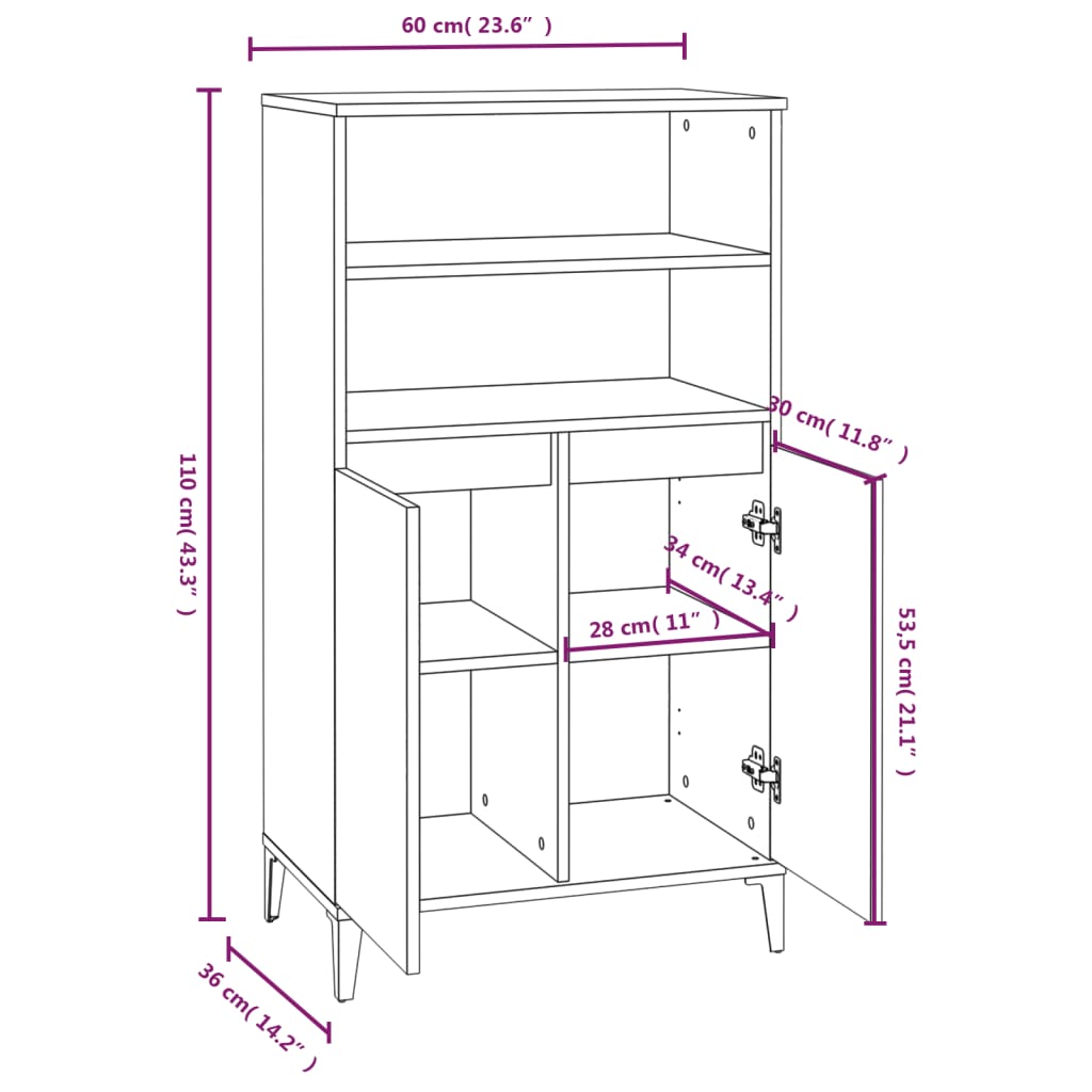 vidaXL Highboard Braun Eichen-Optik 60x36x110 cm Holzwerkstoff