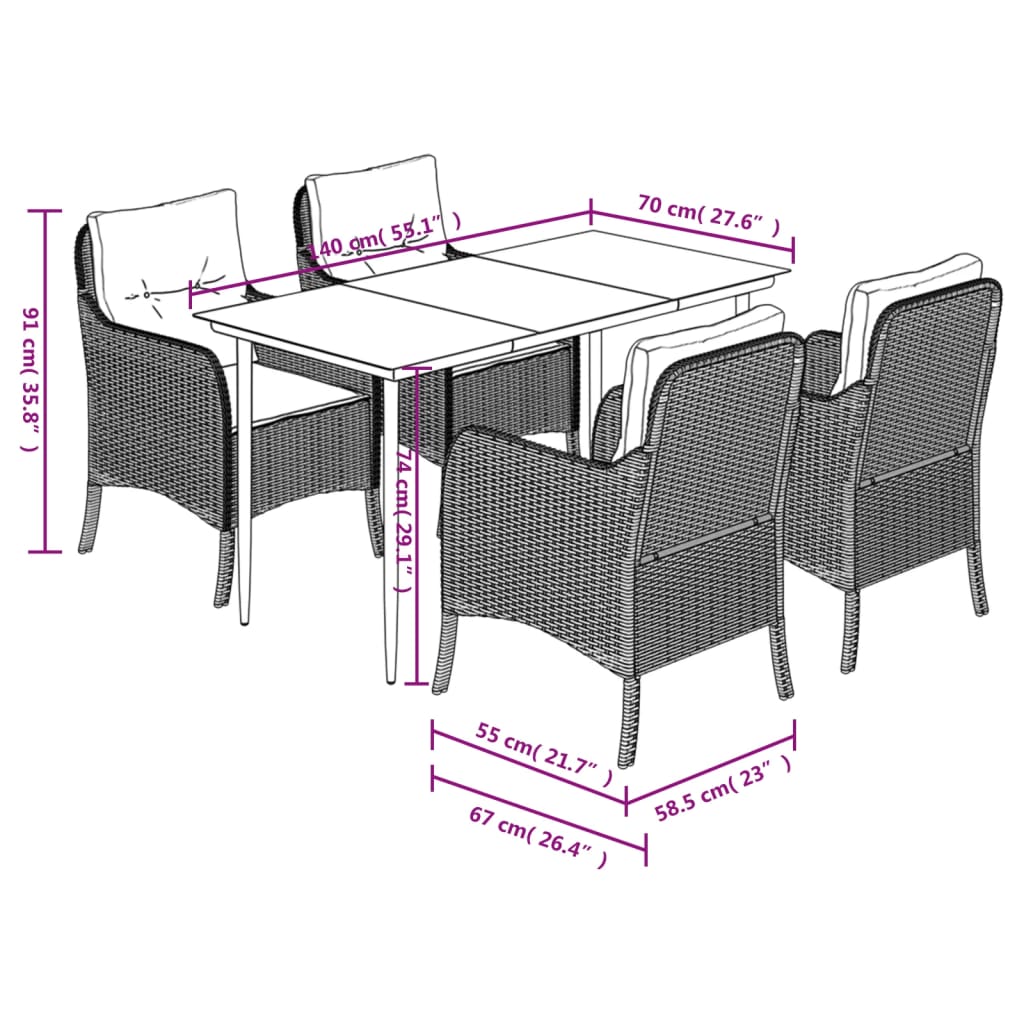 vidaXL 5-tlg. Garten-Essgruppe mit Kissen Braun Poly Rattan