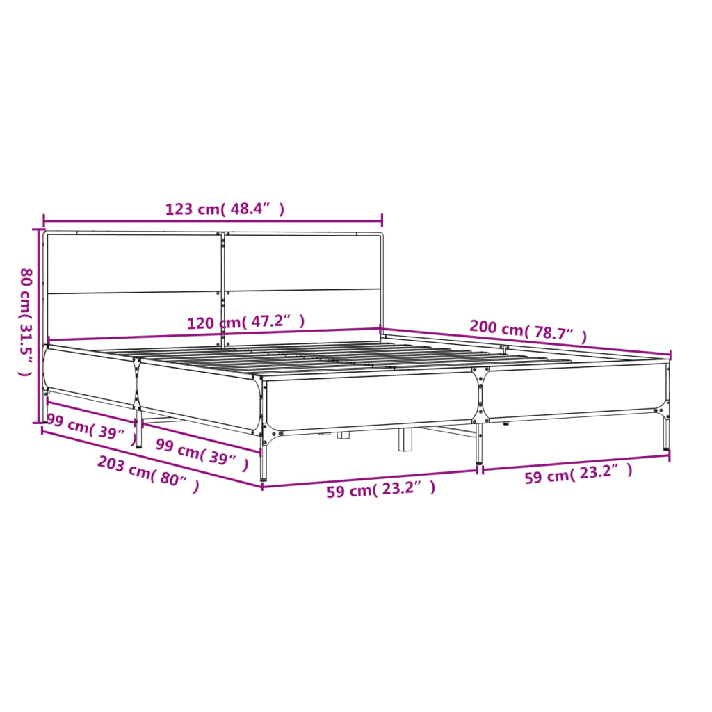 vidaXL Bettgestell Braun Eichen-Optik 120x200 cm Holzwerkstoff Metall