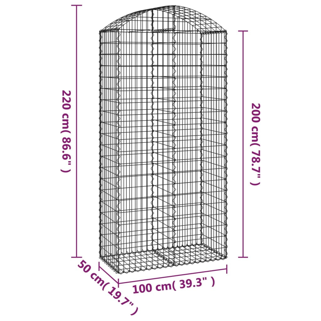 vidaXL Gabione mit Hochbogen 100x50x200/220 cm Verzinktes Eisen