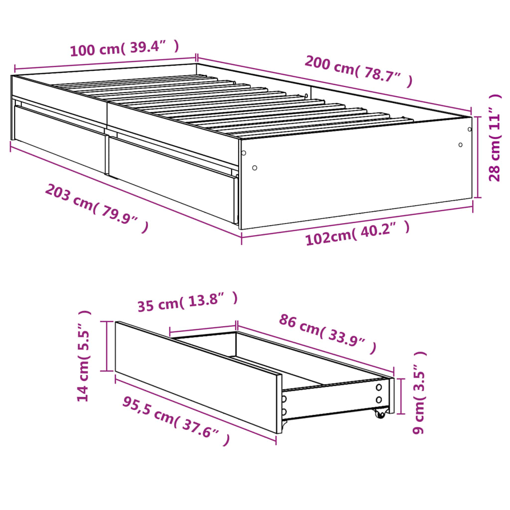 vidaXL Bettgestell mit Schubladen Grau Sonoma 100x200 cm Holzwerkstoff