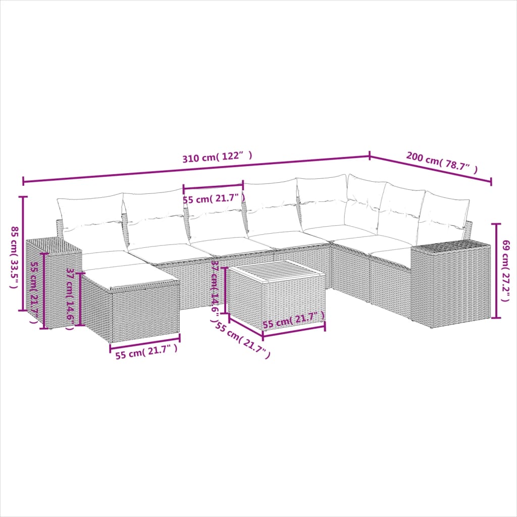 vidaXL 9-tlg. Garten-Sofagarnitur mit Kissen Grau Poly Rattan