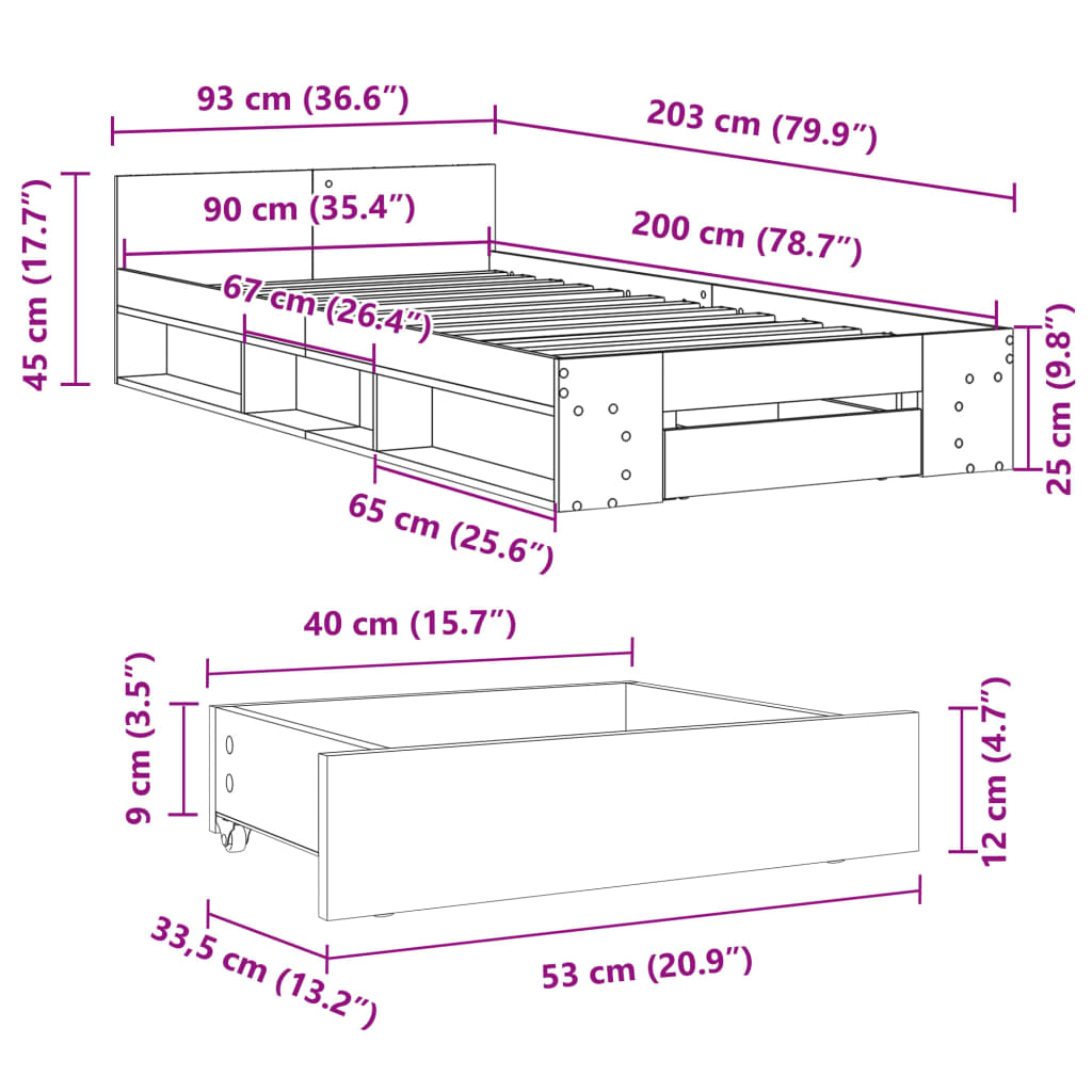 vidaXL Bettgestell mit Schublade Sonoma-Eiche 90x200 cm Holzwerkstoff