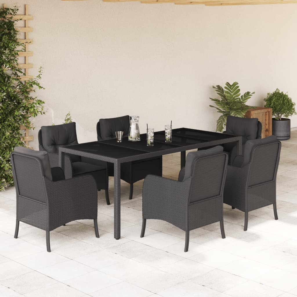 vidaXL 7-tlg. Garten-Essgruppe mit Kissen Schwarz Poly Rattan