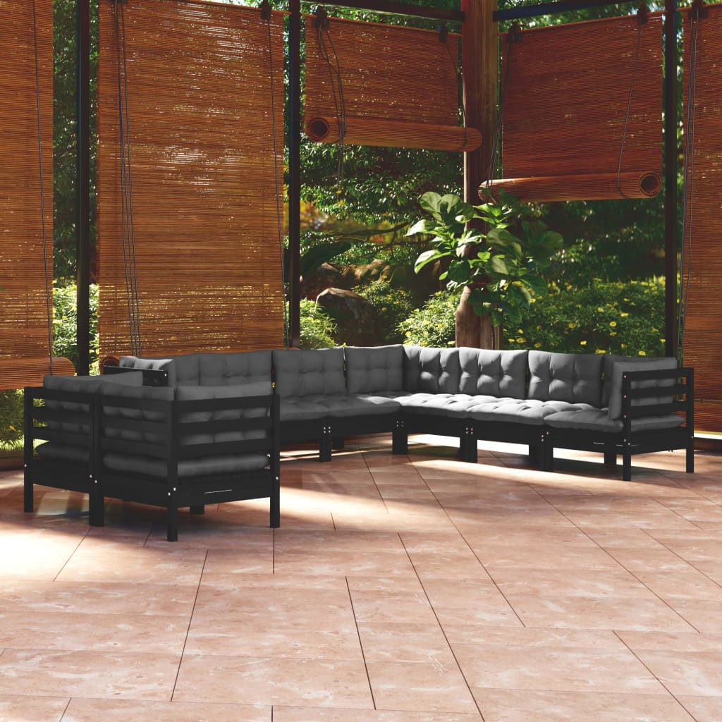 vidaXL 9-tlg. Garten-Lounge-Set mit Kissen Schwarz Massivholz Kiefer