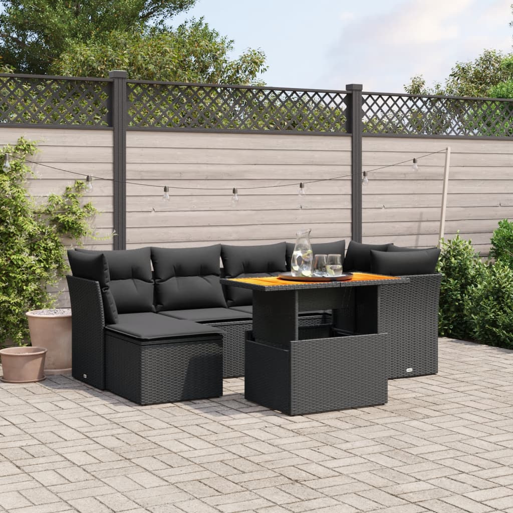 vidaXL 7-tlg. Garten-Sofagarnitur mit Kissen Schwarz Poly Rattan