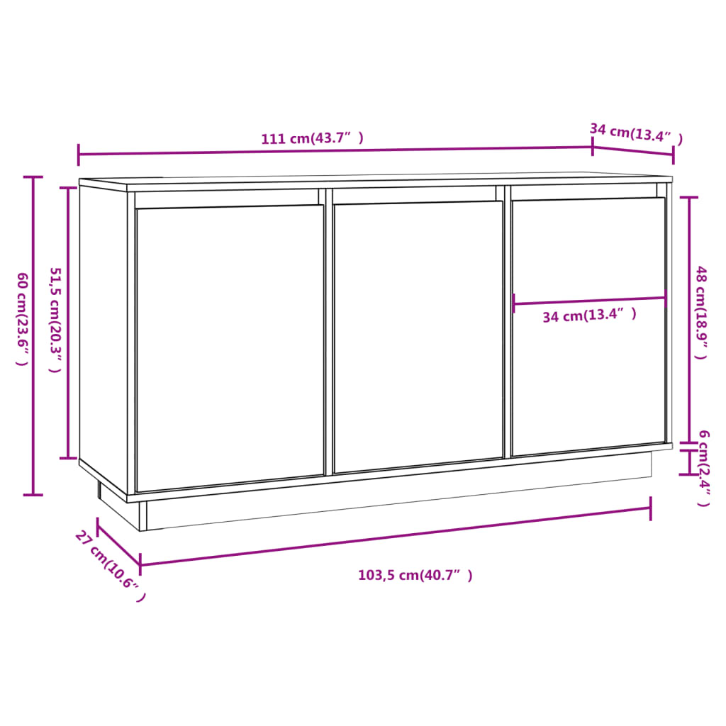 vidaXL Sideboard Weiß 111x34x60 cm Massivholz Kiefer