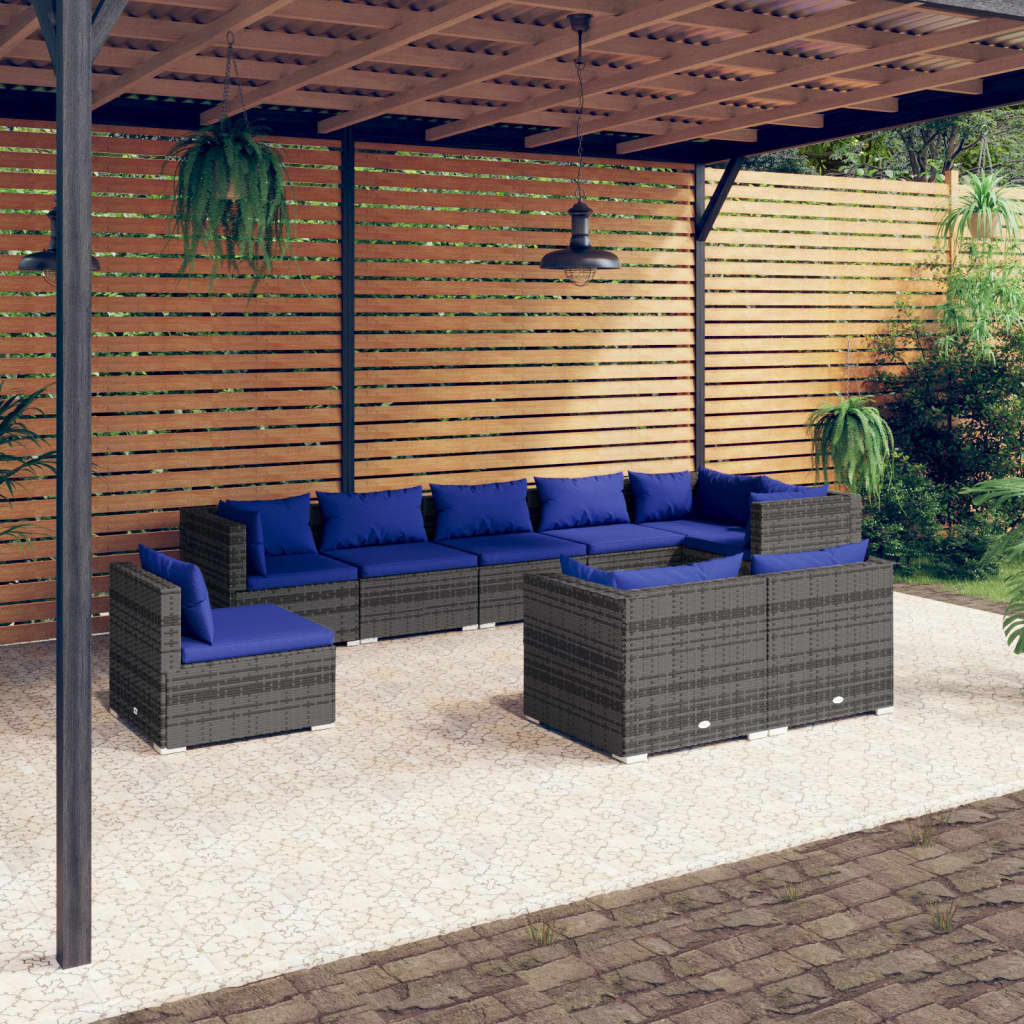 vidaXL 9-tlg. Garten-Lounge-Set mit Kissen Poly Rattan Grau