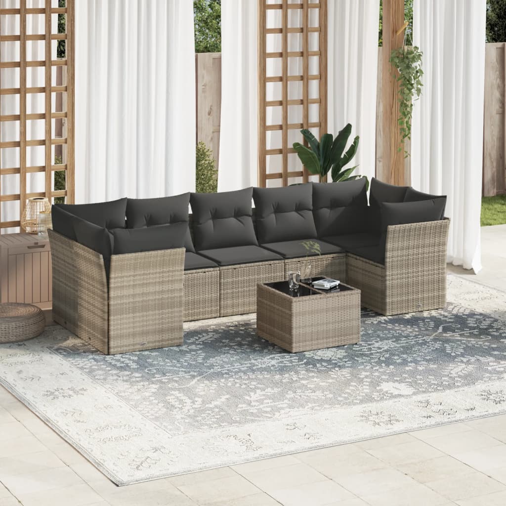 vidaXL 8-tlg. Garten-Sofagarnitur mit Kissen Hellgrau Poly Rattan