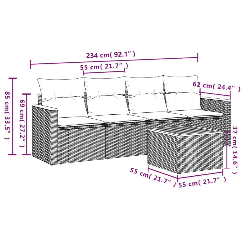 vidaXL 5-tlg. Garten-Sofagarnitur mit Kissen Beige Poly Rattan