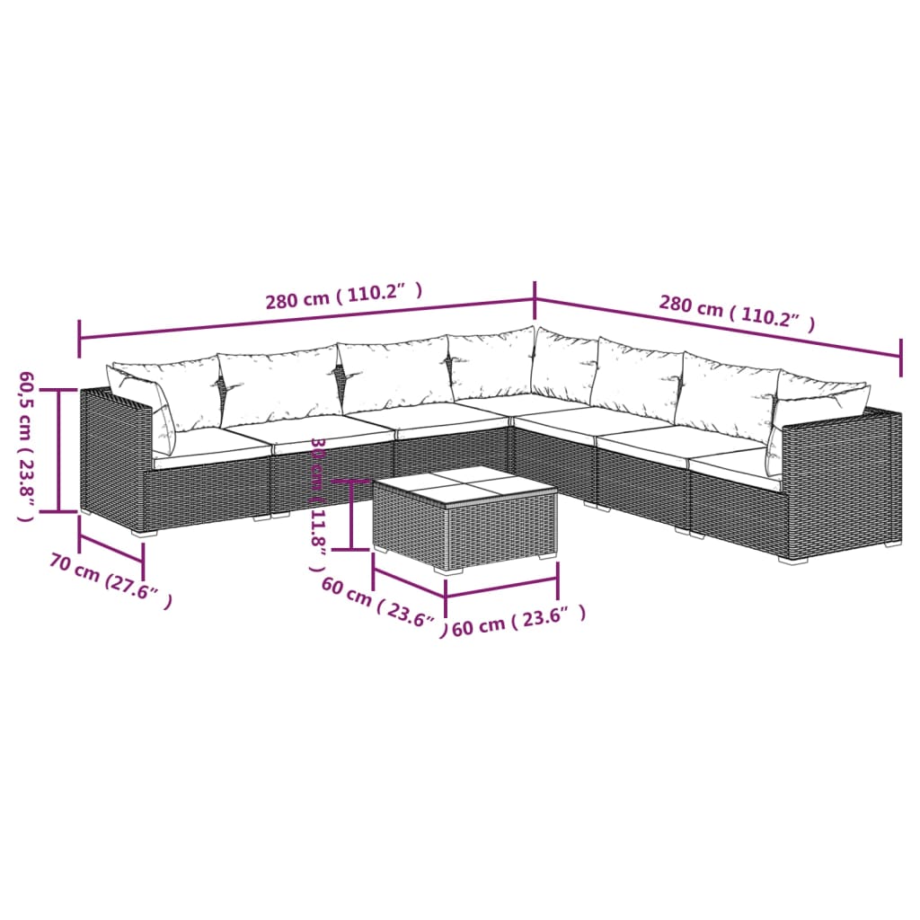 vidaXL 8-tlg. Garten-Lounge-Set mit Kissen Poly Rattan Braun