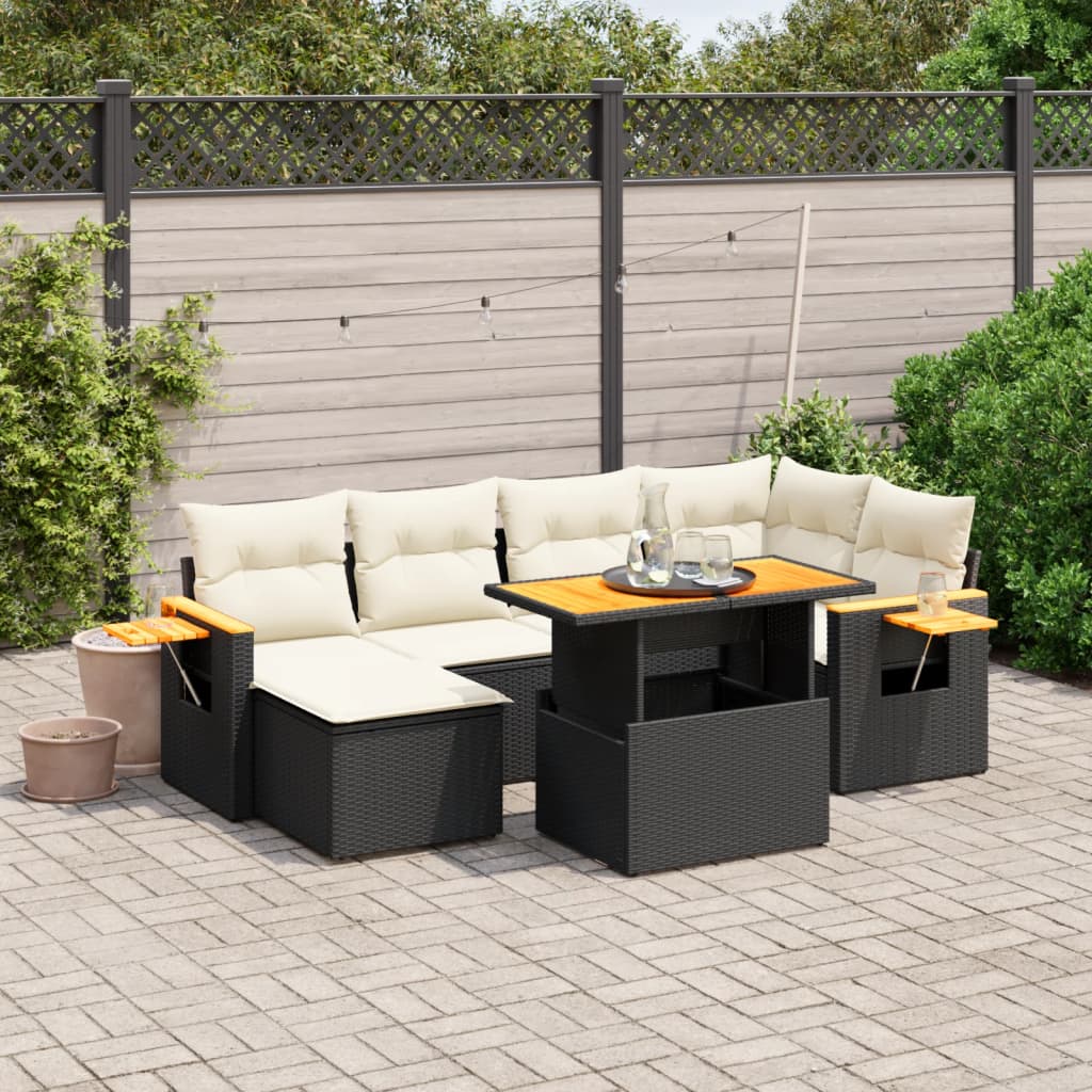 vidaXL 7-tlg. Garten-Sofagarnitur mit Kissen Schwarz Poly Rattan