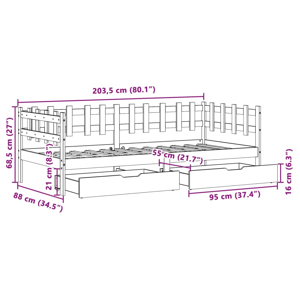 vidaXL Tagesbett mit Schubladen Weiß 90x200 cm Kiefernholz