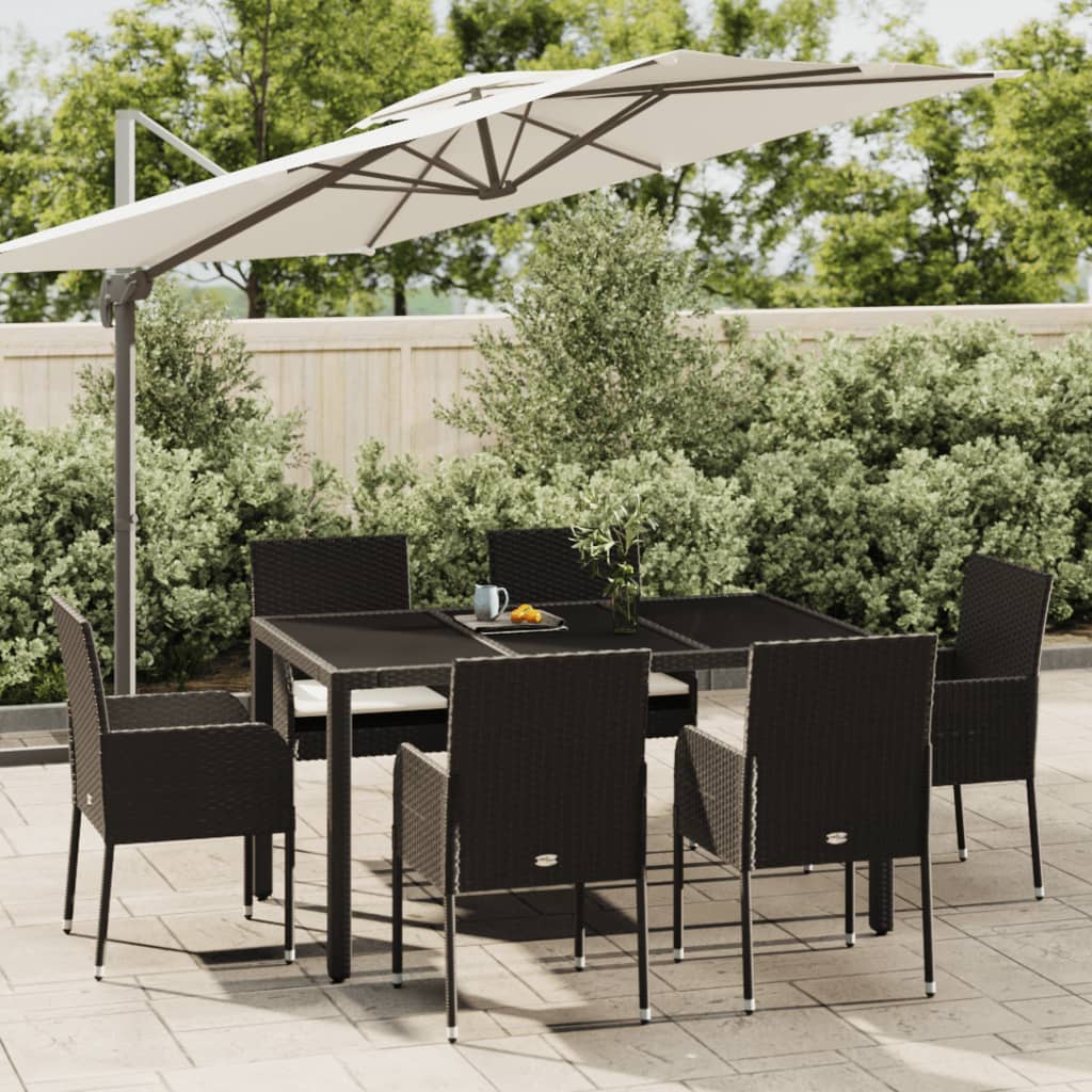 vidaXL 7-tlg. Garten-Essgruppe mit Kissen Schwarz Poly Rattan