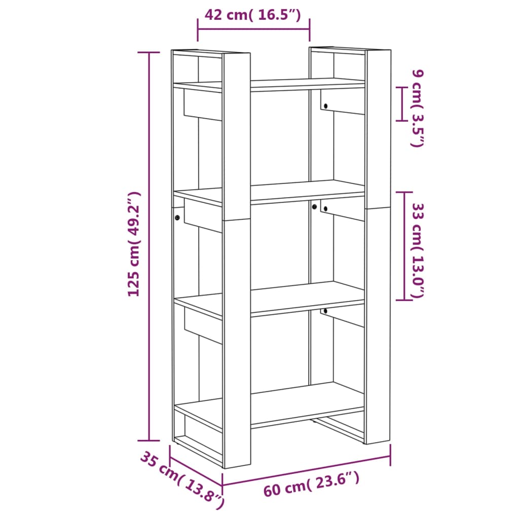 vidaXL Bücherregal/Raumteiler Schwarz 60x35x125 cm Massivholz