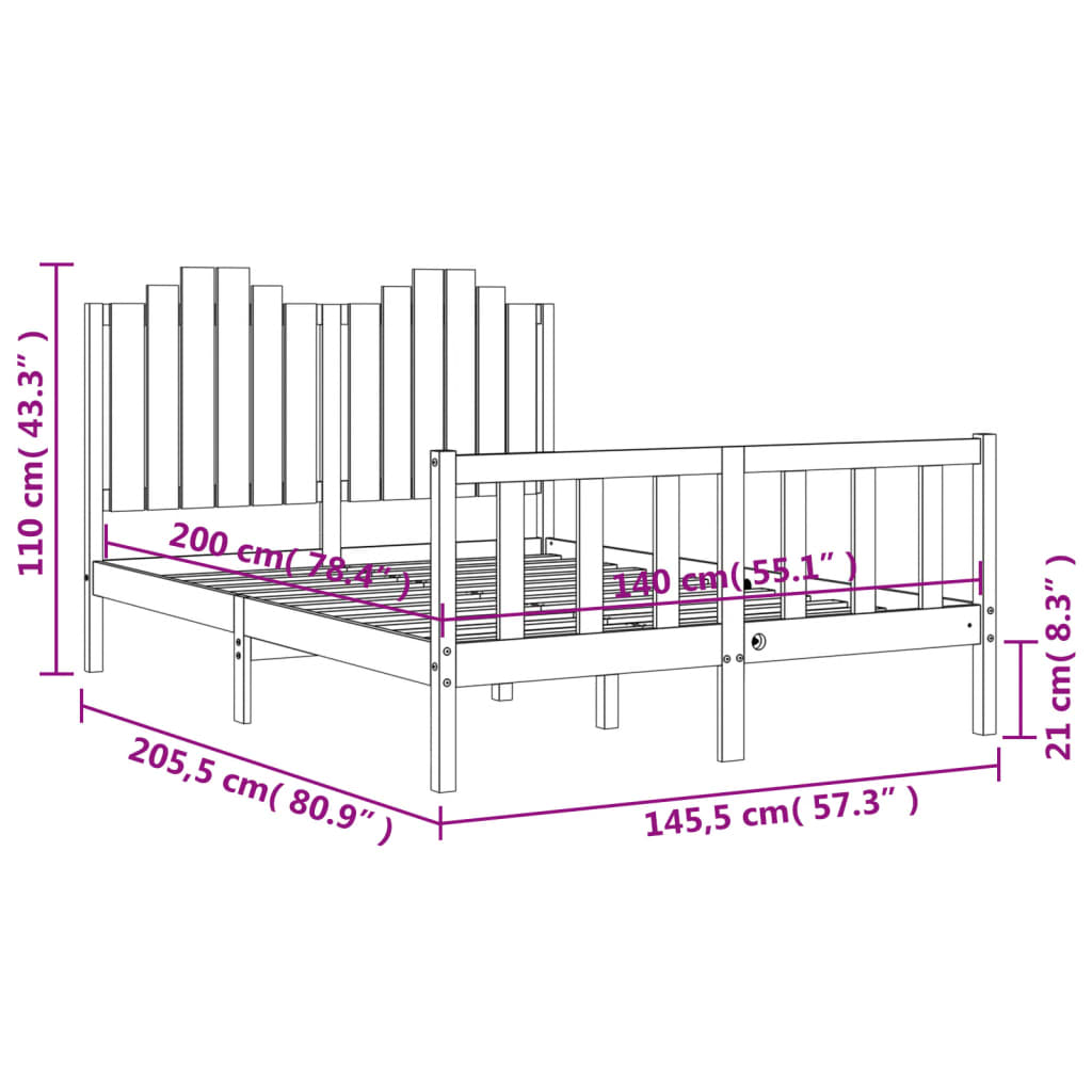 vidaXL Massivholzbett mit Kopfteil Schwarz 140x200 cm