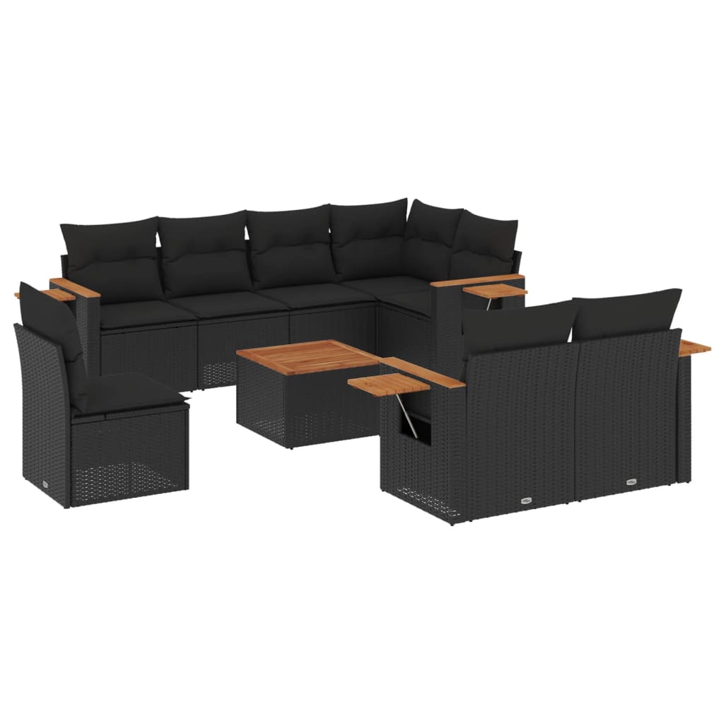 vidaXL 9-tlg. Garten-Sofagarnitur mit Kissen Schwarz Poly Rattan