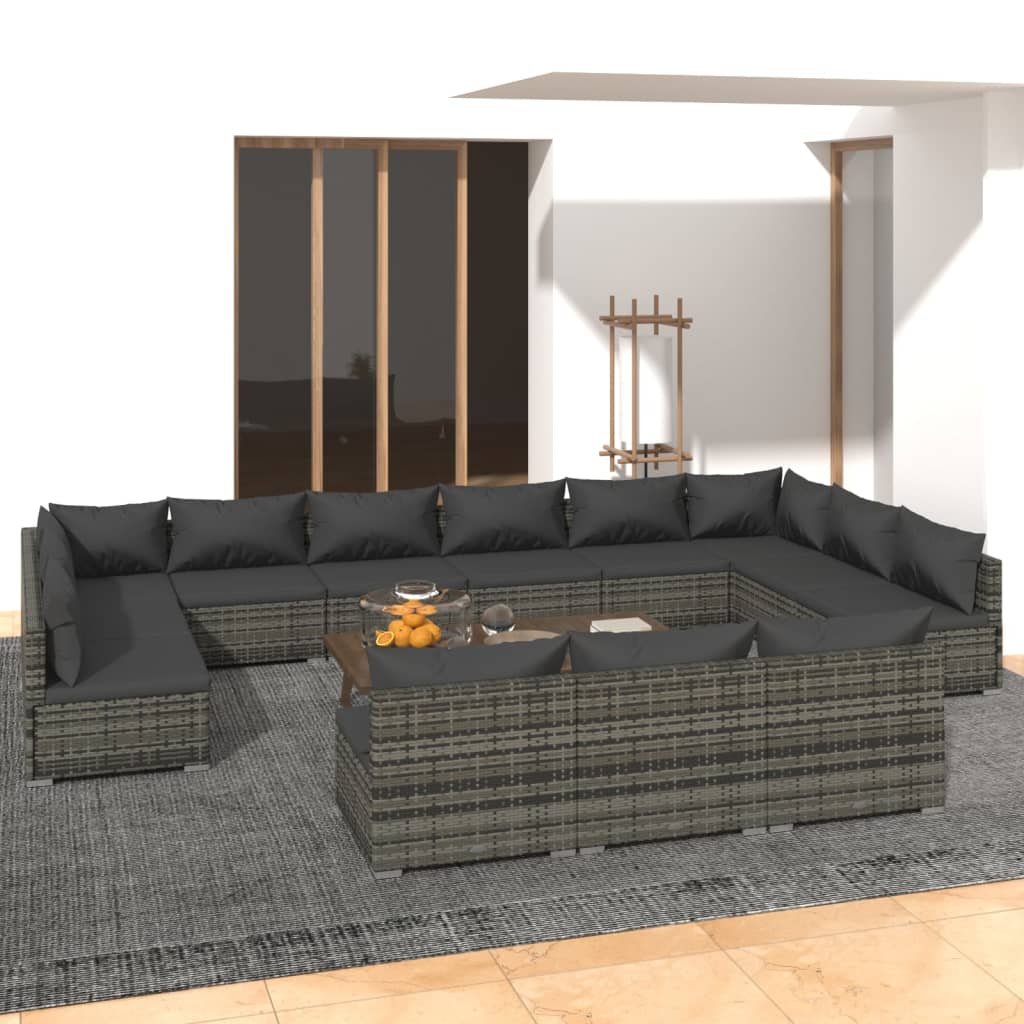 vidaXL 13-tlg. Garten-Lounge-Set mit Kissen Grau Poly Rattan