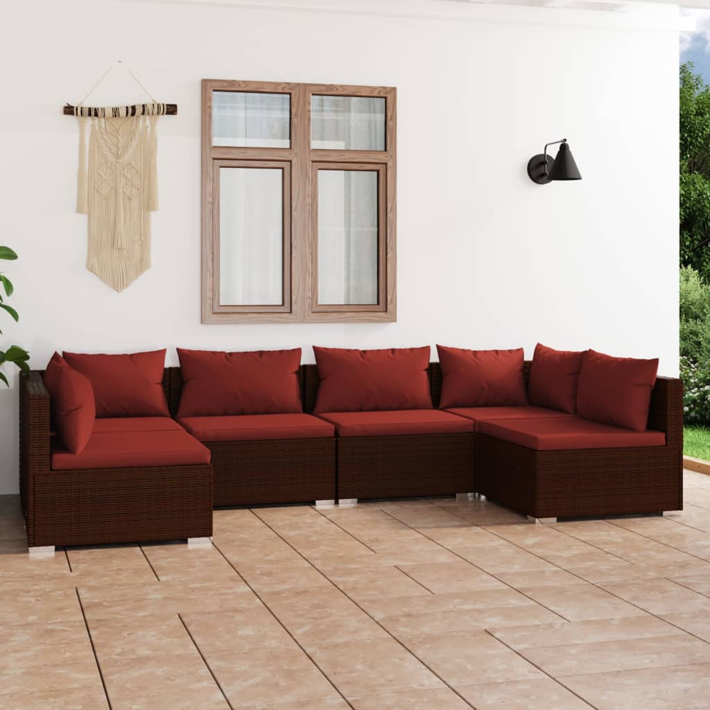 vidaXL 6-tlg. Garten-Lounge-Set mit Kissen Poly Rattan Braun