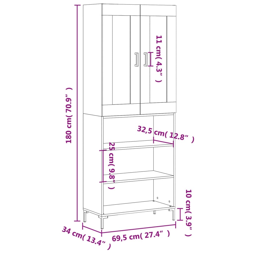 vidaXL Highboard Weiß 69,5x34x180 cm Holzwerkstoff