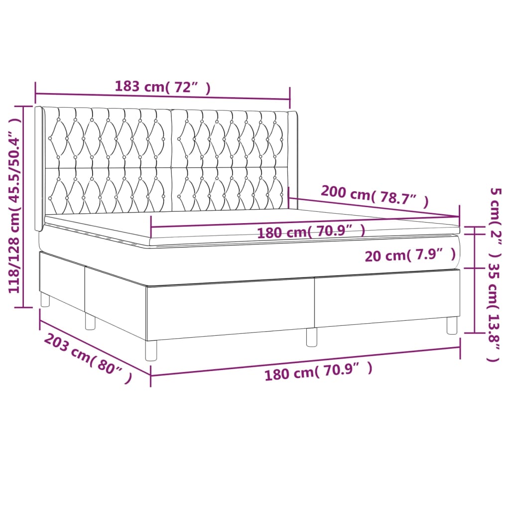 vidaXL Boxspringbett mit Matratze Hellgrau 180x200 cm Samt