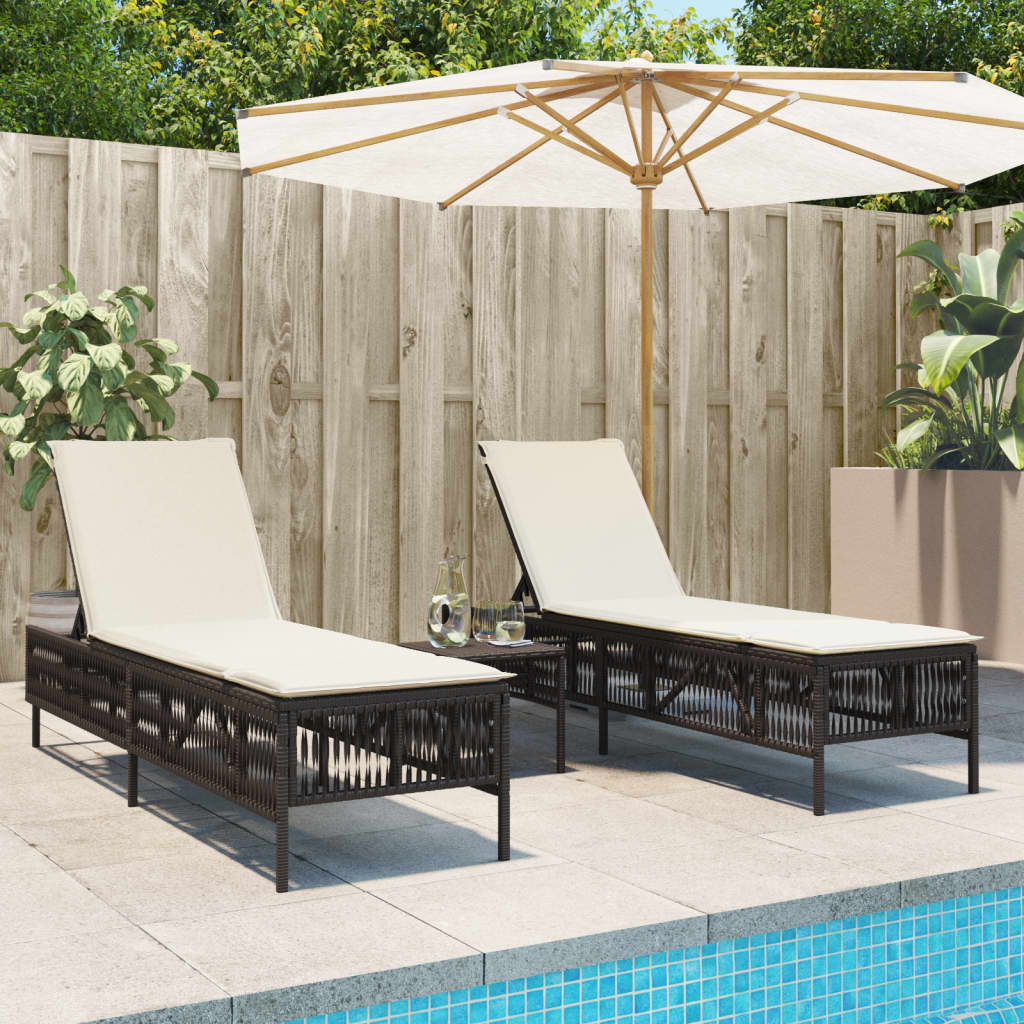 vidaXL Sonnenliegen mit Auflagen 2 Stk. Braun Poly Rattan