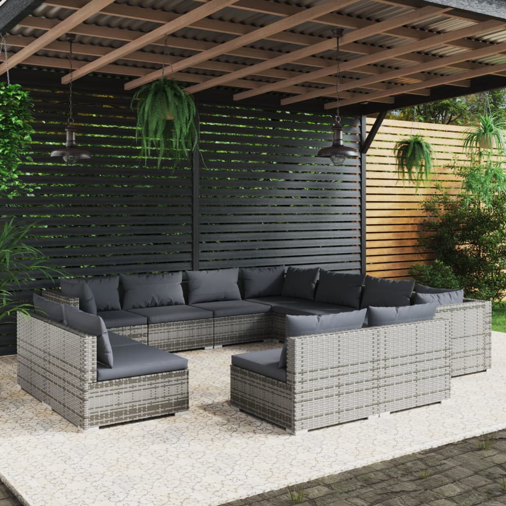 vidaXL 11-tlg. Garten-Lounge-Set mit Kissen Grau Poly Rattan