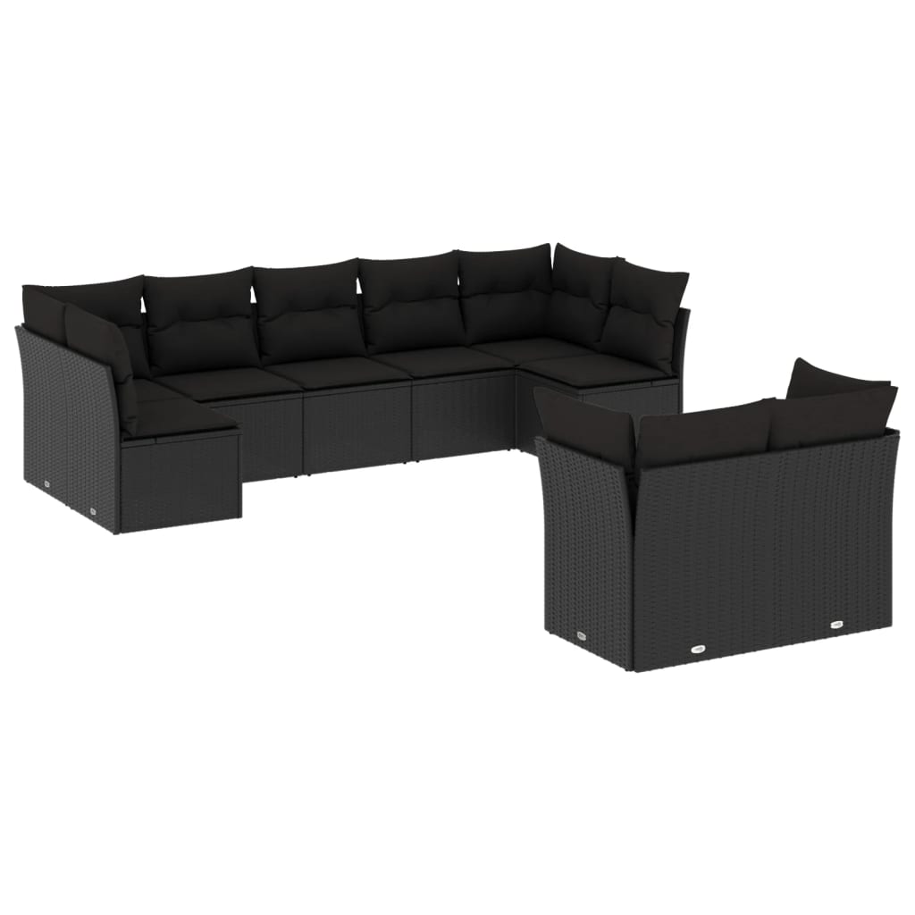 vidaXL 9-tlg. Garten-Sofagarnitur mit Kissen Schwarz Poly Rattan