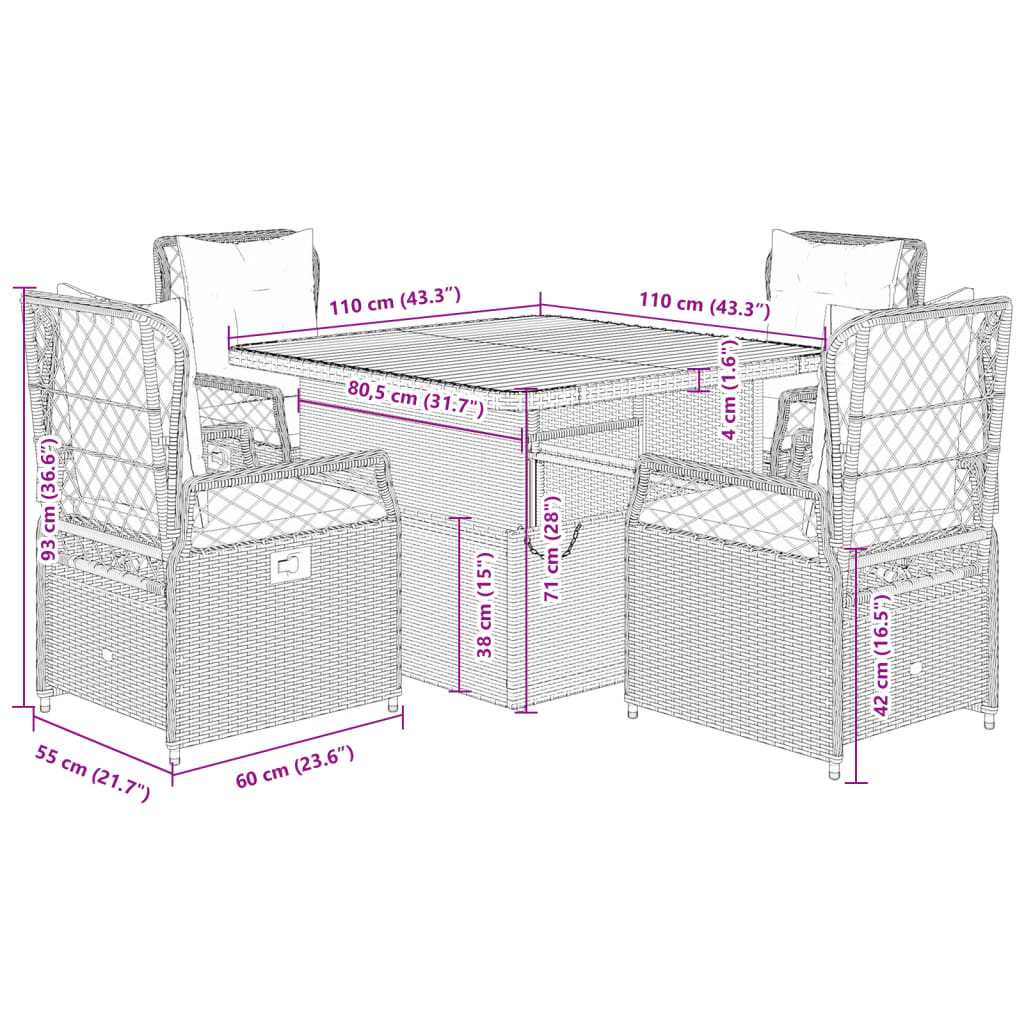 vidaXL 5-tlg. Garten-Essgruppe mit Kissen Beige Poly Rattan