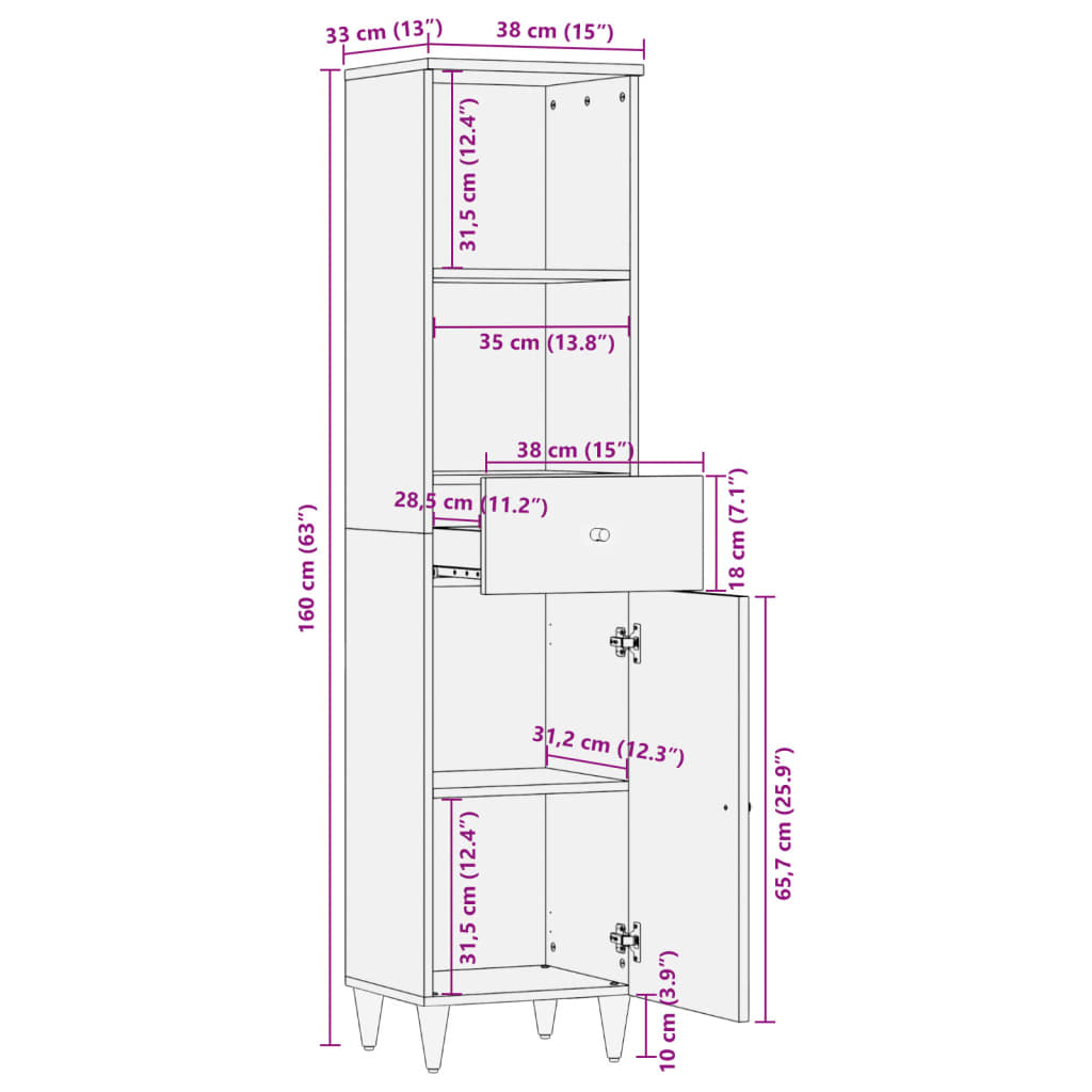 vidaXL Badschrank 38x33x160 cm Massivholz Mango