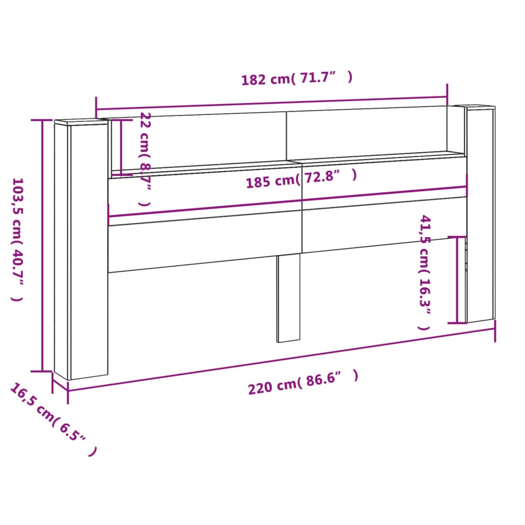 vidaXL LED-Kopfteil mit Ablagen Schwarz 220x16,5x103,5 cm