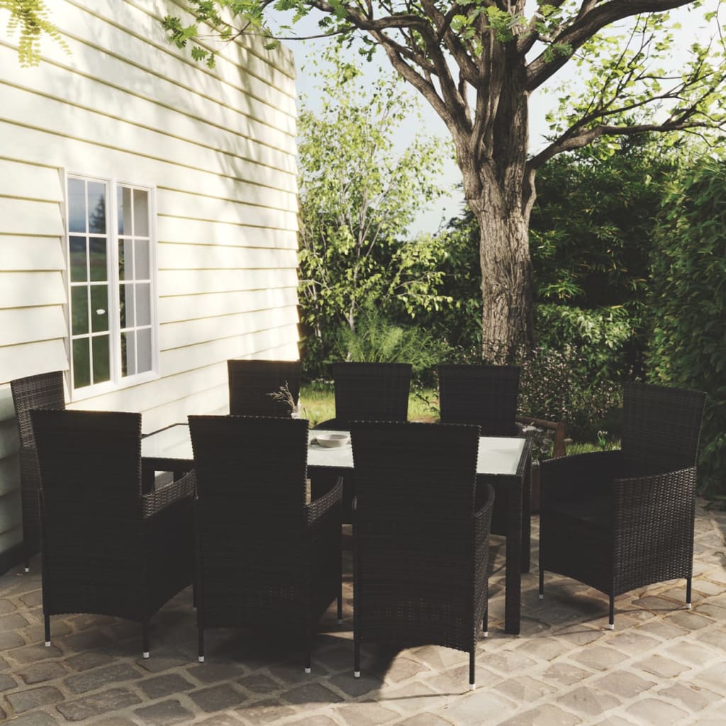 vidaXL 9-tlg. Garten-Essgruppe mit Kissen Poly Rattan Schwarz