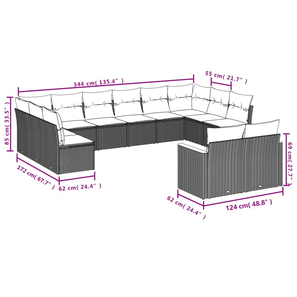 vidaXL 14-tlg. Garten-Sofagarnitur mit Kissen Beige Poly Rattan